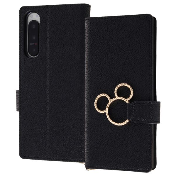 Xperia 5 IV 『ディズニーキャラクター』/耐衝撃 手帳型レザーケース KAKU Ring/ミッキー_ミツマル/ブラック [キャンセル・変更・返品不可]