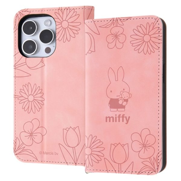 iPhone 14 Pro / 『ミッフィー』/耐衝撃 手帳型レザーケース Raffine / ミッフィー_ピンクフラワー [キャンセル・変更・返品不可]