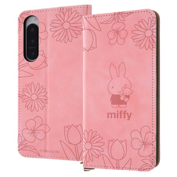 Xperia 5 IV / 『ミッフィー』/耐衝撃 手帳型レザーケース Raffine / ミッフィー_ピンクフラワー [キャンセル・変更・返品不可]