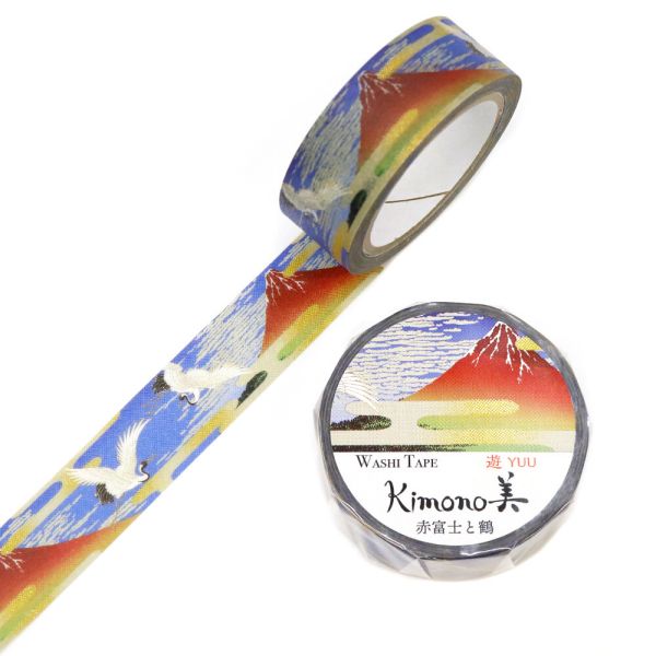 Kimono美 マスキングテープ 赤富士と鶴(あかふじとつる) 15mm×7m巻