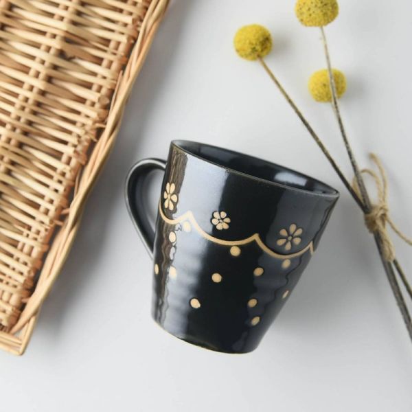 11cmお花のレース柄マグカップ 黒 ※B級品(アウトレット品)