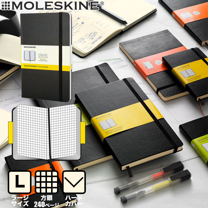 商品名 モレスキン MOLESKINE / クラシック ノートブック ハードカバー（ラージ サイズ）方眼 ノート（408887）（5180113） メーカー国 イタリア メーカー名 モレスキン / MOLESKINE 仕様 ■商品サイズ：横幅130mm × 縦幅210mm（ラージサイズ） ■シリーズ：クラシック ■カバータイプ：ハードカバー ■ノート罫線：5mm方眼(スクエアード) ■ページ数：240ページ ■マチ付きポケット付き ■ゴムバンドタイプ ■しおり付き ■180度に開く糸綴じ製本ノート 備考 ●伝説的ノートブック● Moleskineは2世紀の間、ヴィンセント・ヴァン・ゴッホ、パブロ・ピカソ、アーネスト・ヘミングウェイ及びブルース・チャトウィンなどの芸術家や思想家に愛されてきた伝説的ノートブックの相続人であり継承者です。 丸い角を持つ黒のシンプルな長方形、ノートを束ねるゴムバンド、そして内側のマチ付きポケット。無名だけれどもそれだけで完成された品は、小さなフランスの製本業者によって一世紀以上もの間作られ、世界中の革命的芸術家や作家が訪れて購入した、パリの文房具店に納品されていました。 旅のお供にぴったりな大きさの頼れる存在。このノートブックは、有名な絵画や人気小説が世に出る前の貴重なスケッチ、走り書き、ストーリーやアイデアを記録してきたのです。 多様なページ構成をもつモレスキン・ノートブックは、今日のクリエイティブで想像力に富んだプロフェッショナル達のパートナーとして、今も尚、世界中の人々に愛され続けています。輸入・デザイン文具 / ノート・紙製品 / モレスキン / MOLESKINE 名だたるアーティストや思想家に愛されたノートブック 伝説のノートブック「モレスキン」 ヴィンセント・ヴァン・ゴッホ、パブロ・ピカソ、アーネスト・ヘミングウェイ及びブルース・チャトウィンなどの芸術家や思想家に愛されてきた伝説的ノートブックは、今も尚、世界中のクリエイティブなプロフェッショナルたちに愛用され、独自の個性を生み出しています。 モレスキンの歴史 ゴッホやピカソが愛したノートブックを1997年に復活 クラシックコレクション シリーズ モレスキンノートブックの定番 オイルクロスで覆われた硬い表紙、丸みを帯びた角、中性紙、糸綴じ製本、頑丈な表紙を閉じておく為のゴムバンド、使用中のページがひと目でわかるしおり、裏表紙内側にはクロス地で補強された拡張ポケット付き。 シンプルだけれどもそれだけで完成された伝説のノートブックです。 スケッチや図形などにも適した方眼 大きすぎない十分なスペースのラージサイズ モレスキン定番ロングセラーのひとつ、スクエアード（方眼）ノートブック ラージサイズ。 メモはもちろん、デッサン・スケッチ・図形などにも適した方眼入りのレイアウト。グリッドのサイズは5mm平方です。 Moleskineの原点でもあるブラックのハードカバータイプ。 ビジネス用ノートやダイアリーとしてはもちろん、ふと浮かんだアイデアやメモを書きとめたり、イラストを描いたり、旅の思い出のステッカーやスタンプ、写真を貼りつけたり。日常、旅、そして、ビジネスのシーンで、十分なスペースのラージサイズは、あなたの頼れる相棒になってくれます。 高さ21cm×横13cmと大きすぎないので、バッグへの収納もスムーズ。 オイルクロスで覆われた硬い表紙の黒いハードカバー、バッグの中に収納しやすい丸みを帯びた角、中性紙、クラシックな糸綴じ製本、頑丈な表紙を閉じておく為のゴムバンド、使用中のページがひと目でわかるしおり、そして、裏表紙内側にはクロス地で補強された拡張ポケット付き。パスポートや切手、写真、メモなど、こまごまとしたものの収納に便利です。 存在感がありながらも、ひときわシンプルなデザイン。中のページはもちろん、カバーにお気に入りのステッカーを貼ったりペイントを施すなど、個性を詰め込むことができる、そして、使いこむほどに愛着が湧く、パートナーのようなノートブックです。 スケッチや図形などにも適した方眼 5mm方眼(スクエアード)ノートブックです。 マチ付き拡張ポケットも完備 裏表紙内側にはクロス地で補強された拡張ポケット付き。パスポートや切手、写真、メモなど、こまごまとしたものの収納にとても便利です。 【関連商品はこちら】 ハードカバー ラージ(横罫) ハードカバー ラージ(方眼) ハードカバー ラージ(無地) ハードカバー ラージ(ドット方眼) 【その他サイズはこちら】 ハードカバー ポケット(方眼) ハードカバー ラージ(方眼) ハードカバー XL(方眼) モレスキン クラシック ノートブックハードカバー ラージサイズ 方眼 ■商品サイズ：横幅130mm × 縦幅210mm（ラージ サイズ） ■カバータイプ：ハードカバー ■ノート罫線：5mm方眼(スクエアード) ■ページ数：240ページ