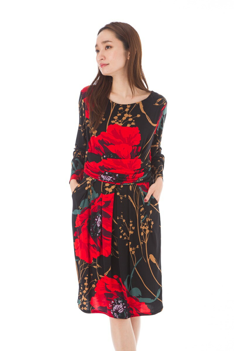 フィフィーユ(FIFILLES)ワンピース T1 T3 T4サイズ 大人ワンピース ジャージーワンピース レディース 長袖 膝丈 花柄 大きいサイズ きれいめ