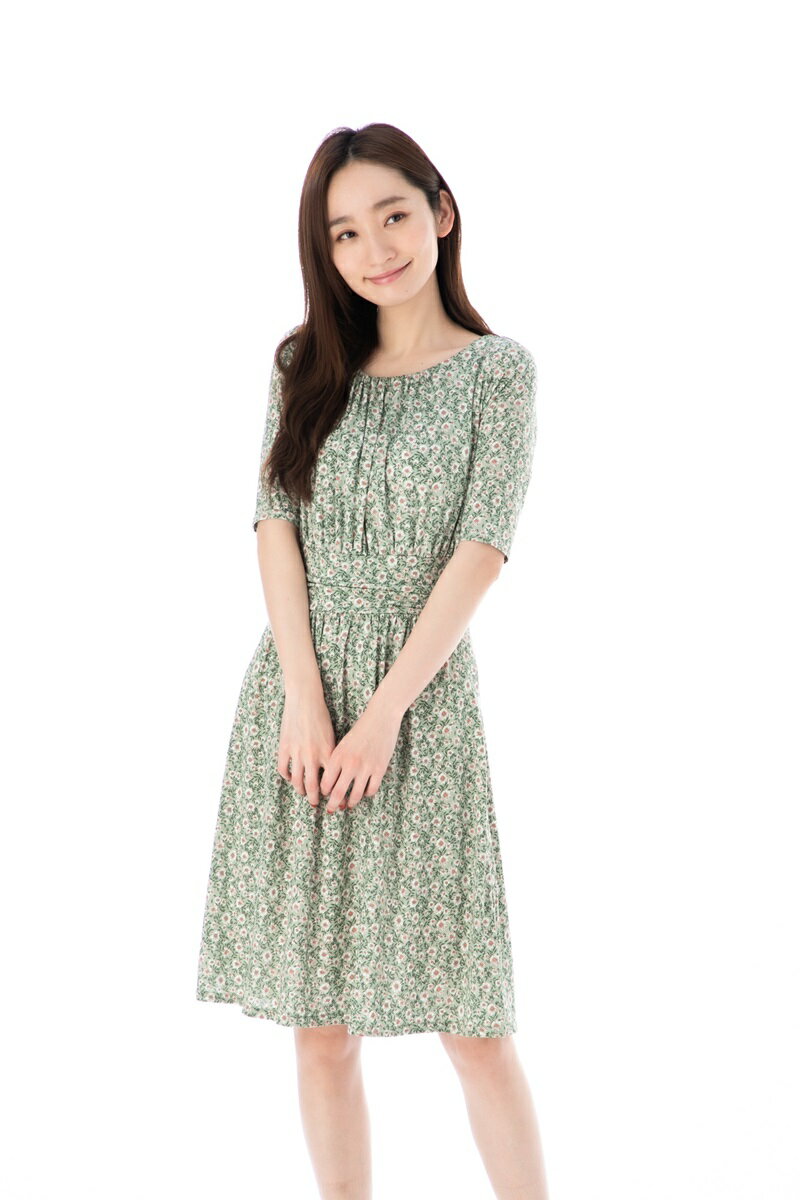 ファス Fas ワンピース T1 T2 T3サイズ 5分袖 膝丈 小花柄 Uネック 大人上品ワンピース レディース Fille A Suivreのおすすめ キテミヨ Kitemiyo