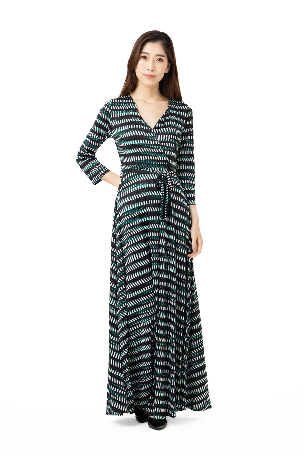 フィフィーユ(FIFILLES)ワンピース T1 T2 T3サイズ 七分袖 ロング丈 カシュクール 総柄 ジャージー生地 レディース フランス製 ワンピース 大人 上品 きれいめ 着やせ