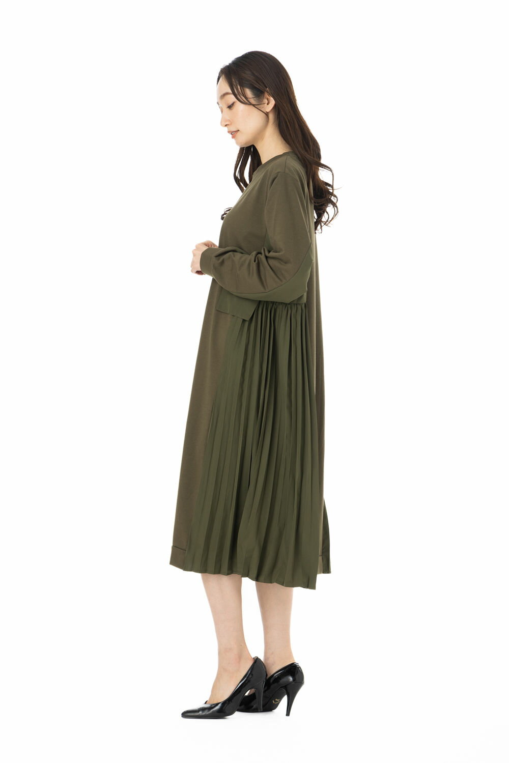 【Bou Jeloud】 ブージュルード ワンピース サイズ38 長袖 無地 プリーツ切替ドッキングワンピース