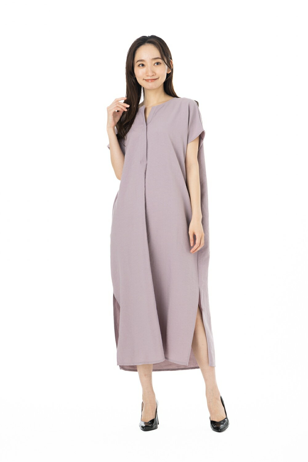 【OMNES】オムネス 気流染め加工 スキッパーワンピース 半袖