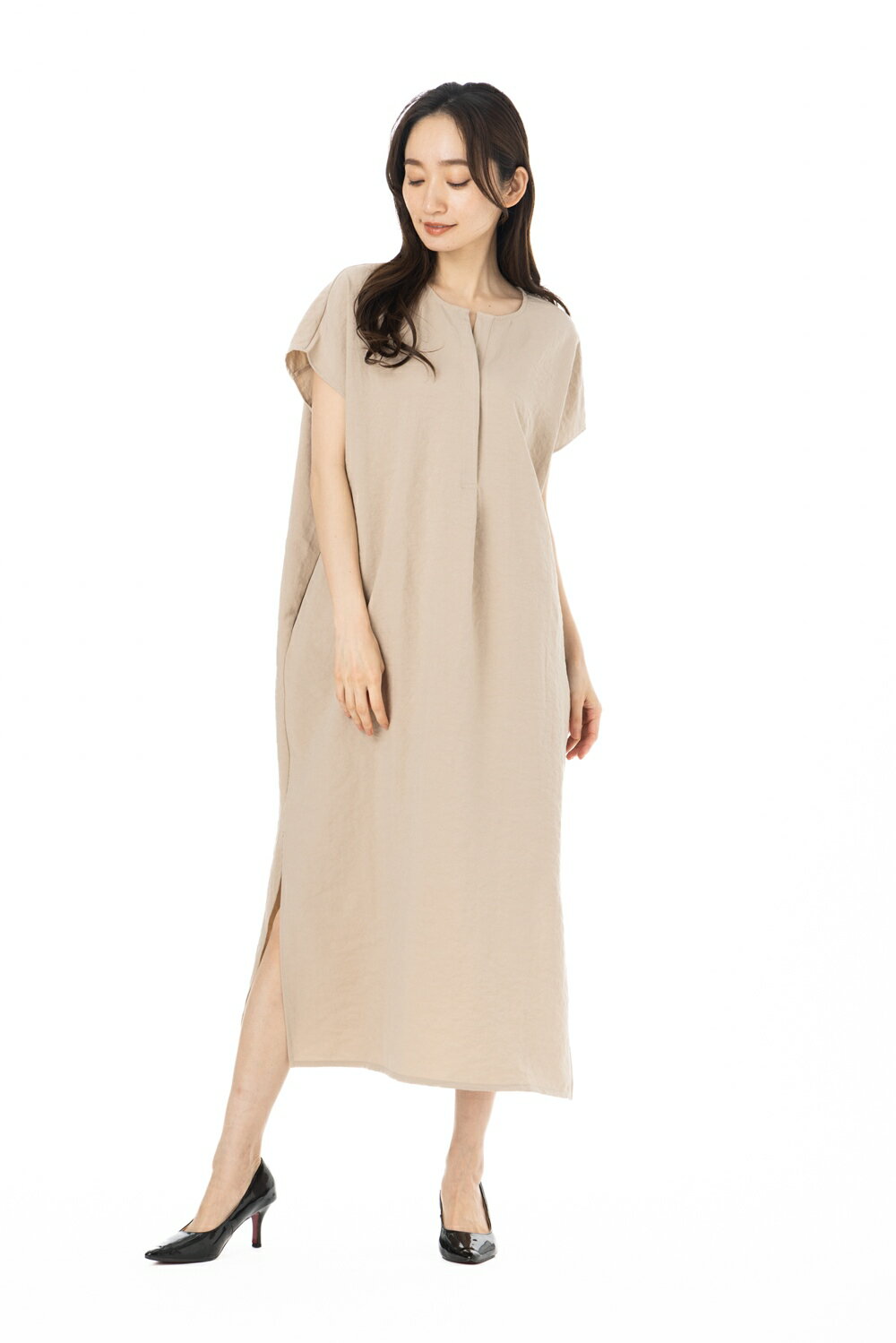 【OMNES】オムネス ワンピース 服 レディース 気流染め加工 スキッパーワンピース 半袖