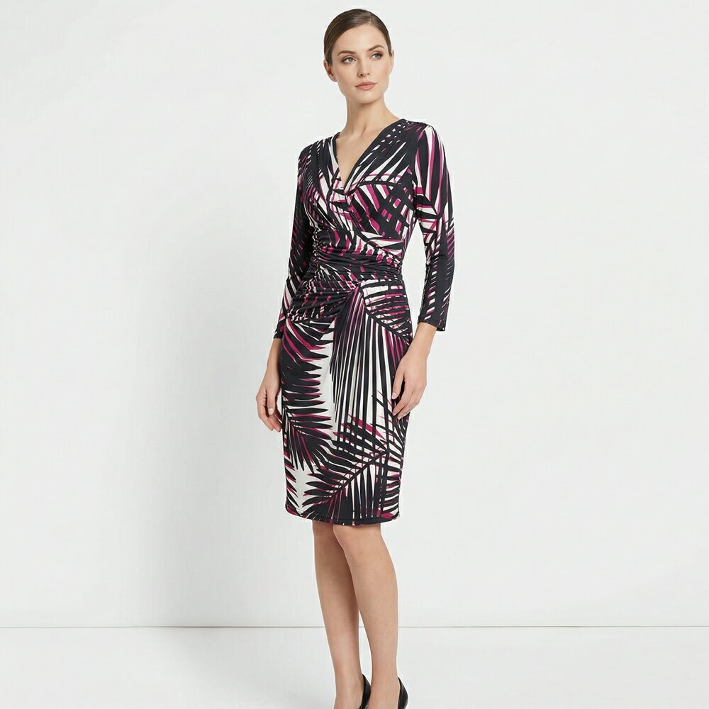 EGERIE エジェリ ワンピース プリント 柄物 カシュクール 七分袖 膝丈 ジャージー リーフ ボタニカル T1 T2 T3 T4 ストレッチ 洗える ノンアイロン レディース 大人 上品 30代 40代 50代 華やか パーティー 二次会 旅行 体型カバー 着痩せ インポート フランス製 パリ