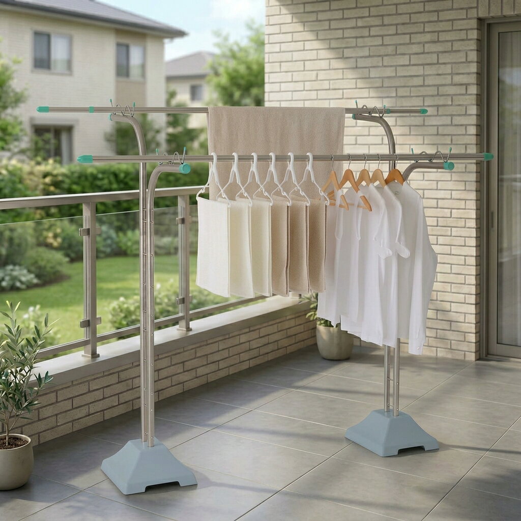 【強風に強い屋外物干しスタンド】 重厚なプラスチックカバーベース付き物干しスタンドで、風の強い日でもしっかり安定。1個あたり約18kgのベースが、洗濯物の重みや風による転倒を防ぎます。ベランダ・庭・屋外用物干し台として安心してご使用いただけます。 【オールステンレス製でサビに強い】 本体はφ32mmのオールステンレスパイプを採用。雨や日差しにさらされても錆びにくく、長く清潔に使えます。屋外物干し竿スタンドとして耐久性抜群。季節を問わず、外干しや布団干しにも最適です。 【しっかり支える安定構造＆大容量】 耐荷重は約24kg（1アームあたり12kg）。タオルや衣類だけでなく、布団干しにも対応します。ベースの穴はやや大きめに設計されており、使用を重ねることで自然にフィットして安定感が増します。 【ベランダ・庭・マンションにも対応】 高さ163cm、幅95cmのスタンドは、省スペースながら十分な干し容量。ベランダ物干しスタンドやマンションの外干しとしても人気。風に強い屋外物干しスタンドを探している方にぴったりです。 【安心品質＆長く使える設計】 屋外洗濯物干し台として、耐久性・安定性・デザイン性を兼ね備えています。風に強い物干し台 屋外をお探しの方や、ステンレス物干しスタンドを長く愛用したい方におすすめです。 ※物干し竿は別売りになります。 サイズ本体幅φ32mm×奥行95cm×高さ163cm(土台に差し込むと約5cm高くなる。)プラスチックカバーベース幅33×奥行37×高さ15cm重　量支柱：1.85kg×2本組プラスチックカバーベース：約18kg×2個材　質φ32mm　オールステンレスパイプ耐荷重24.0kg(1アームあたり12.0kg)製造国支柱：中国プラスチックカバーベース：日本　