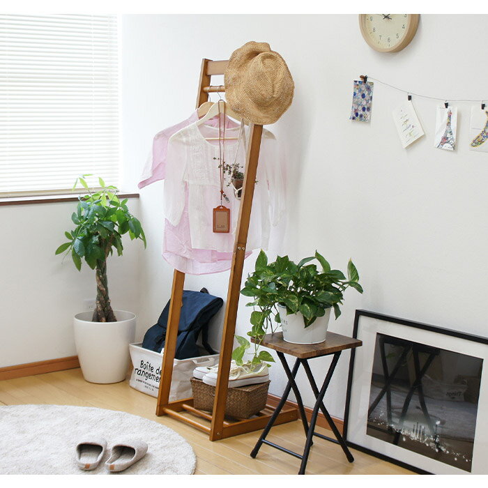 《FC》L形ハンガーラック 幅40cm コートハンガー 洋服掛け 帽子 衣類収納 棚付き 天然木 木製 スリム コンパクト 薄型 省スペース 一人暮らし ナチュラル 北欧 シンプル ブラウン HL-40BR 【北海道・沖縄・離島配送不可】