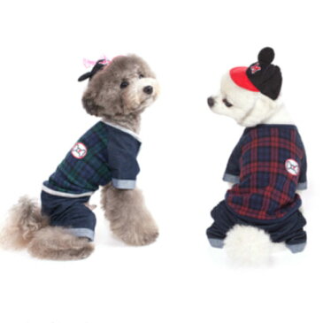 犬服 チェックのびのびデニムオールインワン 犬 服 つなぎ ドッグウェア ロンパース