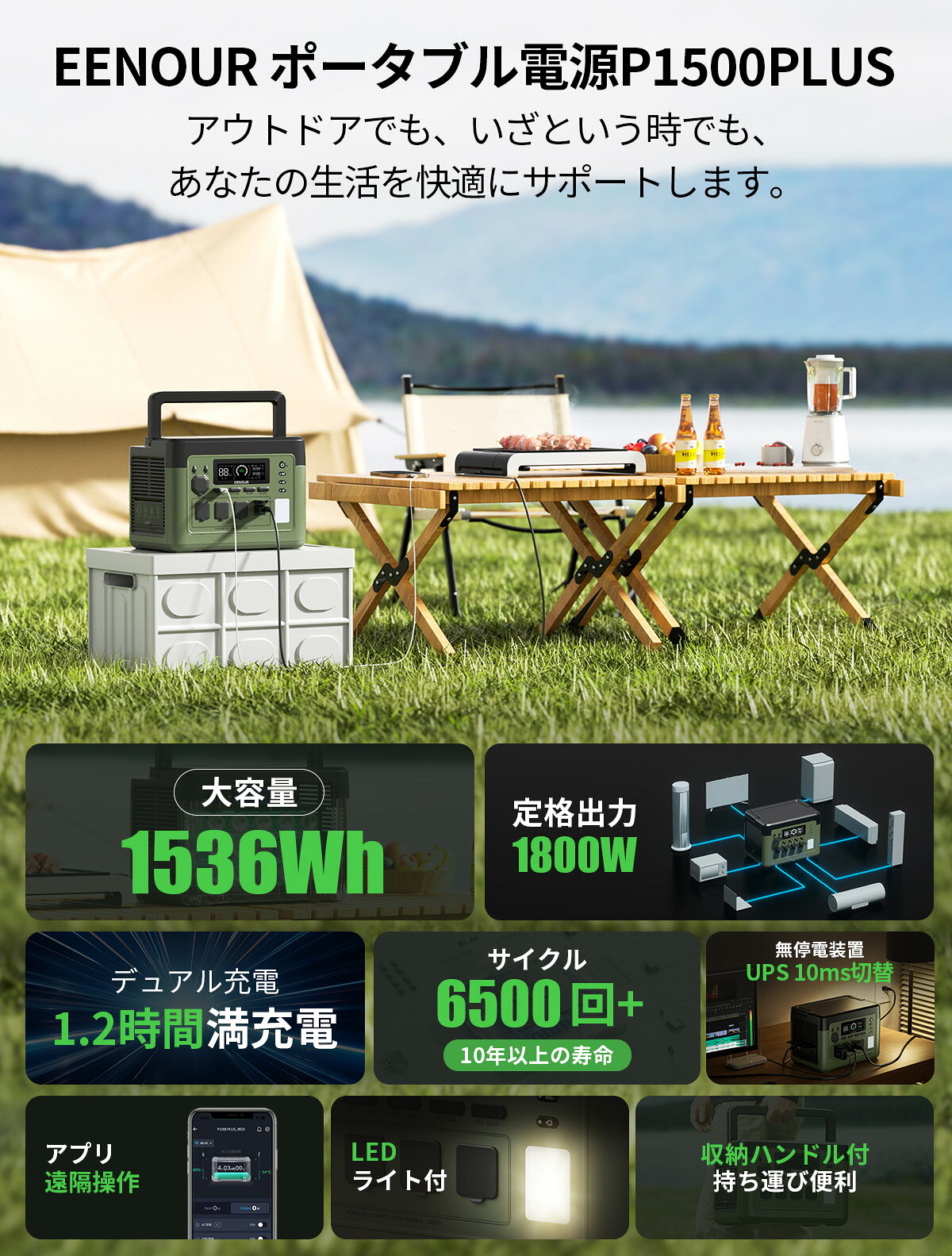 最新型アプリ対応・急速充電 EENOUR イーノウ P1000PLUS&P1500PLUS ポータブル電源...