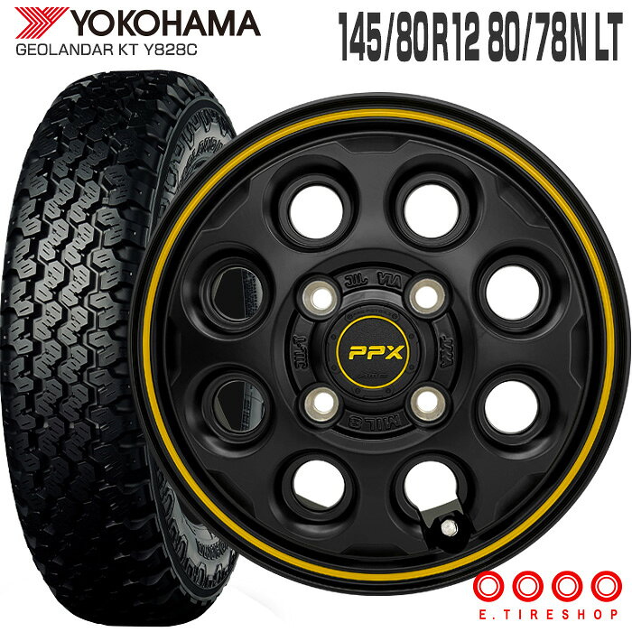 ジオランダー KT Y828C 145/80R12 80/78N ヨコハマ YOKOHAMA PPX MIL8 12×3.5 PCD100/4H +45 セミグロスブラック イエローライン (145R12 6PR 互換) 12インチ 軽トラ 軽バン サマー タイヤ ホイールセット 4本 GEOLANDAR KT KYOHO ブリジストン
