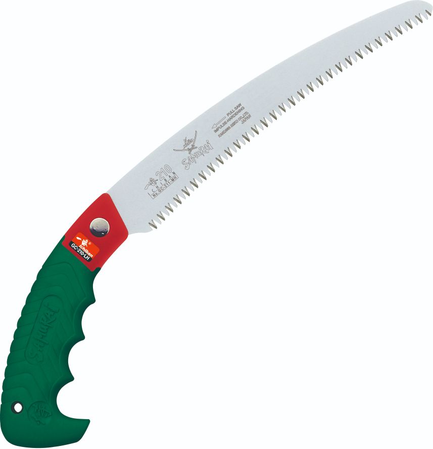 商品画像はサイズ共通の場合がございますのでご了承ください。 ■用途：枝打ち、一般剪定鋸 ■曲刃 ■荒目：4.0mm　ピッチ ■衝撃焼入れ ■ハードクロームメッキ ■アサリわけなし ■胴研磨刃 ■重量：260g ■材質：鋸刃／高級炭素鋼　鞘／PP　柄／PP+エラストマー ■全長：360mm（鞘収納時） ■使用時：320mm ■刃渡り：180mm ■替刃品番：GC-181-LH ■付属品：鞘 ■注意事項： 用途以外の仕様は御遠慮ください 刃は必ず弊社鋸、純正替刃をご使用ください。 ■プロ用の山林や造園・果樹の枝打ち鋸として、手軽でありながら、チェーンソーに負けない程の切れ味を持つ曲刃を研究・開発しました。