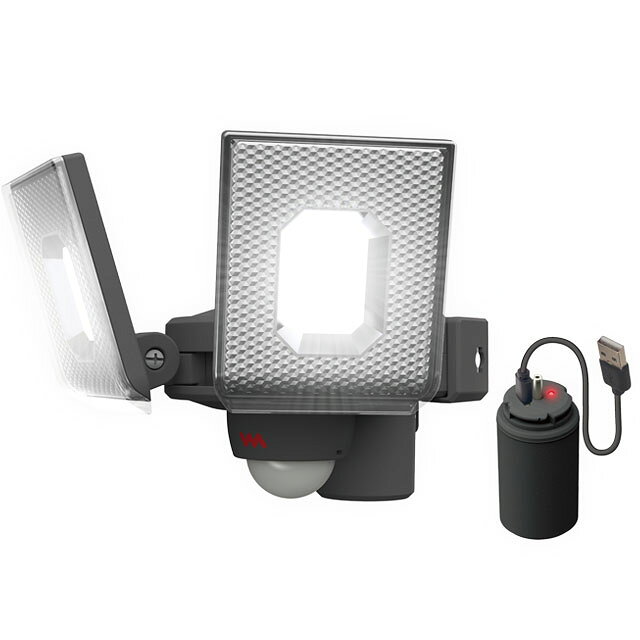 【仕様】 ■品名 　5W×2灯スライド型LED充電式センサーライト ■品番 　LED-RC820 ■JANコード 　4954849540073 ■本体サイズ 　本体：W171×D190×H131mm 　※ライト垂直時の最大値 　バッテリー：W45×D45×H95mm ■重量 　約390g（バッテリー含む） ■電球 　5W×2 (高輝度白色LED設計寿命4万時間) 　全光束:800ルーメン ■電源 / 充電池 　リチウムイオン電池3.6V　3600mAh ■電池寿命 　・明るさ100%点灯時:約75日 　・明るさ 50%点灯時:約120日 　※1日10回点灯※使用環境により異なります。 　※3600mAhの場合 ■充電時間 　5.5時間 　※定格が1A以上/5VのUSB充電器と付属USBケーブルで充電した場合 ■充電寿命 　充放電サイクル300回 ■センサー 　探知方式 焦電型赤外線センサー 　探知範囲 最大140°最遠8m ※取り付け高さ2.0m ■点灯時間設定 　10秒（100% / 50% / フラッシュ） ■点灯切替機能 　昼：周囲が明るくても暗くても点灯 　夜：周囲が暗い時のみ点灯 　OFF：電源オフ ■取り付け別売品 　クランプセット (別売 SP-5) 　ステンレスバンド (別売SP-7) 　強力マグネットベース (別売SP-10) 　サッシ・薄板用ベース(別売SP-13) 　フェンス挟み込みベース (別売 SP-14) 　クリップベース(別売SP-15) ■設置場所 　屋内・屋外用 (保護等級 IP44) ■付属品 　取り付けネジ×2 　プラスティックプラグ×2 　USBケーブル（Type-C、充電用、長さ25cm） 　※USB充電器は付属しておりませんスライド式で自由な配光 繰り返し使える充電式 ライト部がスライド式で照射方向が自由に調節できます。 真下を照らしたり、両端を照らすことも自由自在。 充電式で繰り返し使えて経済的。 煩わしい配線も一切不要です。 着脱式バッテリー バッテリーだけが取り外しできるのでライトを取り外す必要はありません。 USBで充電ができます。 点灯モード 100％の明るさのパワーモードと50％の明るさのエコモードが選択切替できます。 ライトが点滅するフラッシュ発光モードも搭載しています。 パワーモードは800ルーメンの明るさで75日間点灯、エコモードは400ルーメンの 明るさで120日間点灯します。 ※1日10回点灯、満充電時での目安です。 別売パーツでどこでも取付け 柱、ポール、鉄面、サッシ、フェンスなど別売パーツを 使うことであらゆる場所へ設置が可能です。 SP- 5　クランプセット SP- 7　ステンレスバンド SP-10　強力マグネットベース SP-13　サッシ・薄板用ベース SP-14　フェンス挟み込みベース SP-15　クリップベース