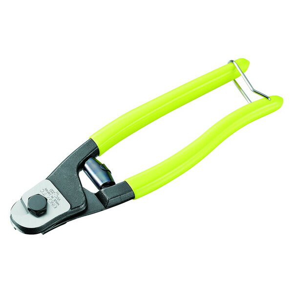 　 ワイヤーロープカッターはワイヤーロープを巻き込みながら切るためペンチで切断するのに比べ、ワイヤーがほつれずキレイに切断できます。 自動車や自転車・バイクのメンテナンスや照明器具・額縁などの吊り下げなどワイヤーロープを使う作業に最適です。 6mmのワイヤーロープを片手で切ることができます。　 　 　 ■規格：200mm ■仕様：バネ付き ■切断能力：ワイヤーロープφ5mm　 ■サイズ：・全長：202mm ・頭部幅：29mm ・頭部厚：12mm ・柄幅：53mm ・先端長：12mm　 ■重量：345g　 ■カラー：イエロー　 　 [材質]　 ・グリップ：塩化ビニール　 　 [付属品]　 −　