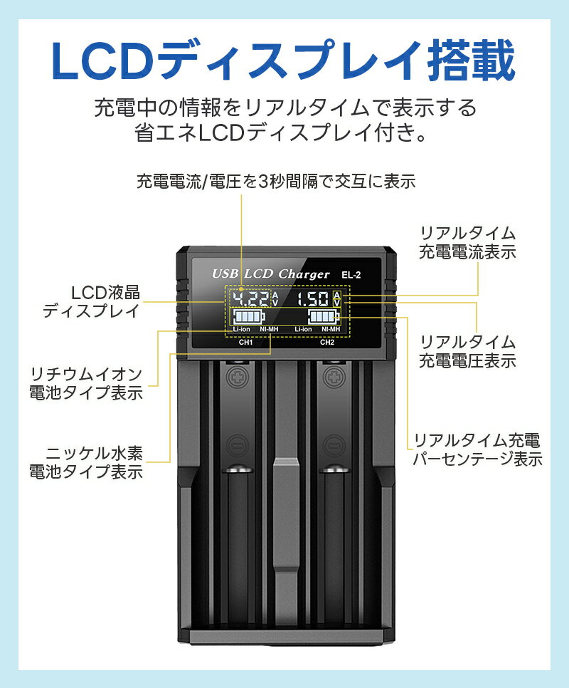 Li-ion/NI-MH���ӽ��Ŵ� �Хåƥ꡼���ťġ��� �ޥ�����㡼���㡼 �Хåƥ꡼���Ŵ� 2�����åȽ��Ŵ� �˥å����������/�˥��������б� LCD �ꥢ�륿����ɽ�� ������।�������ӽ��Ŵ� 18650�˺�Ŭ �ݸ��ϩ�� Type-c�����֥��դ� Li-Ion���Ŵ� NI-MH���Ŵ� ��