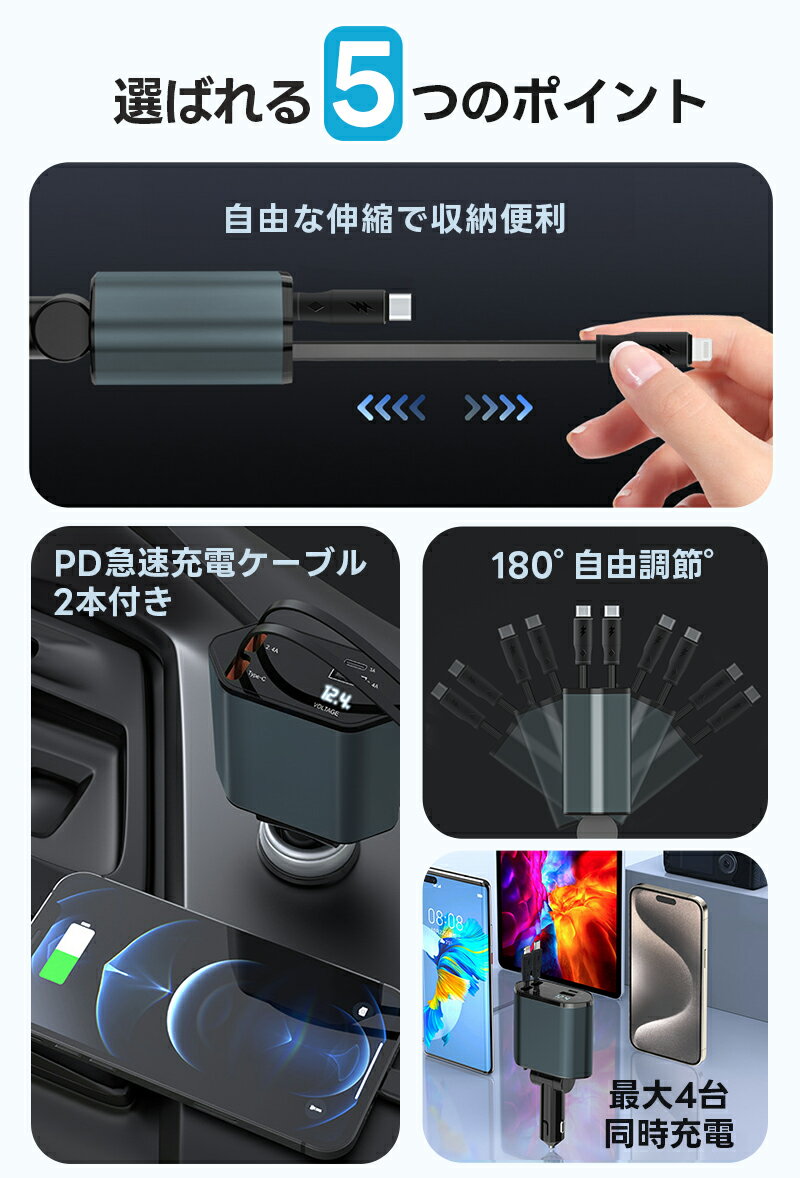 ��5%OFF�ۼֺܽ��Ŵ� 4�ݡ��� �������㡼���㡼 ��®���� ������꼰�����֥�2�� MAX120W �����������å� QC3.0 PD �꡼�뼰 �����֥� ���ޥ� ��®���Ŵ� type-c �ֺ� iPhone16 Lightning ���� Android �Ű�¬�� ���̥����֥� 4��Ʊ������ 180������Ĵ�� 12��24V��ξ�б�