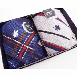 POLO ポロ メンズ 2枚組箱入り タオルハンカチチェック柄ネイビーブルー系&タオルハンカチボーダー柄グレー 御礼 御返し 退職 ギフト ビジネス 学生 おしゃれ