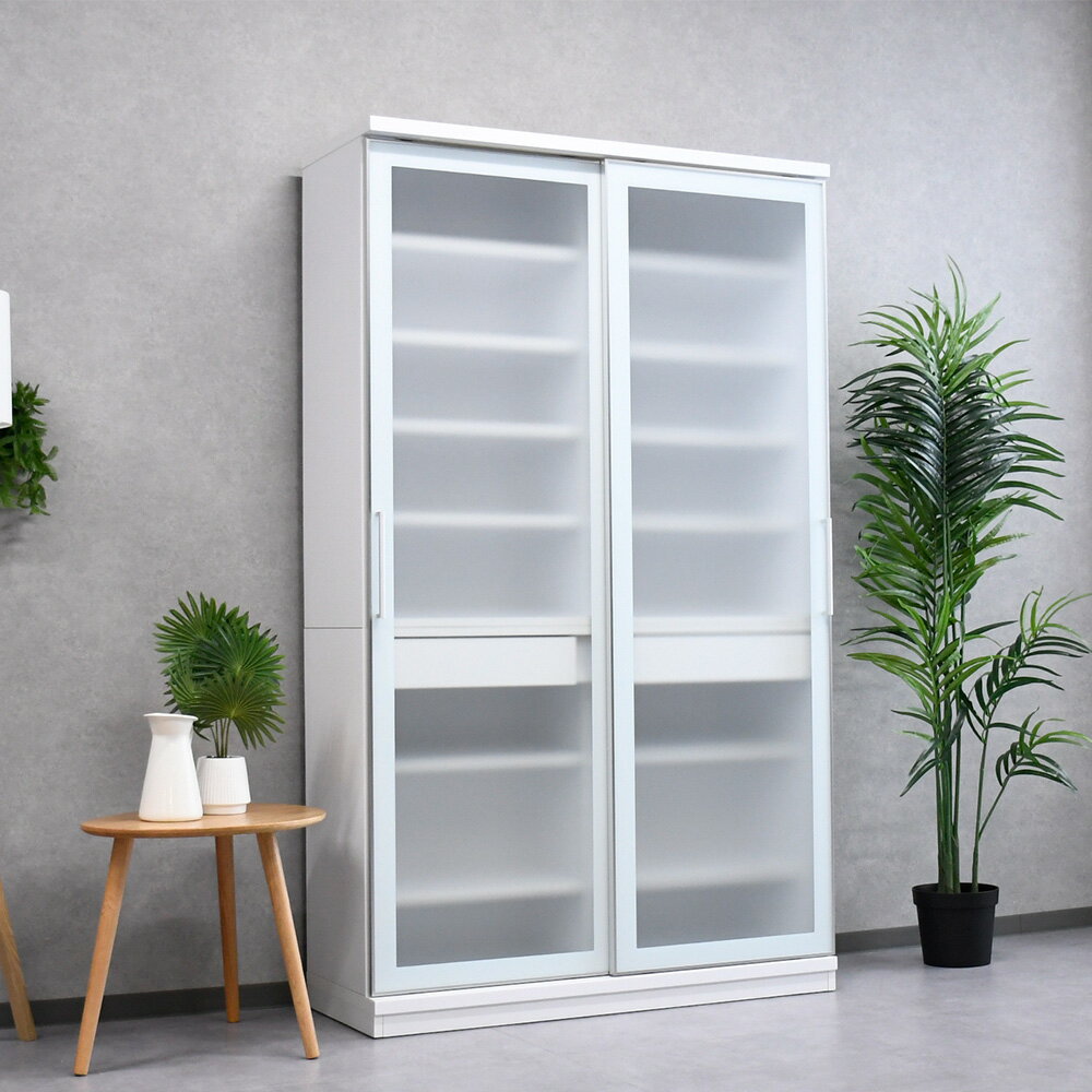 食器棚 引き戸 スライド 幅120cm 高さ200cm ホワイトガラス ガラス引き戸付き食器棚 ダイニングボード 大容量収納 引き出し収納 キッチン 収納 白 ガラス扉 完成品 シンプル おしゃれ