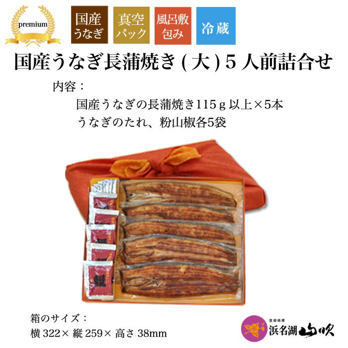 風呂敷包み［うなぎ専門店 浜名湖山吹］プレミアムギフト 国産うなぎの長蒲焼き（大）5本（真空パック）оウナギ_うなぎ_鰻_通販