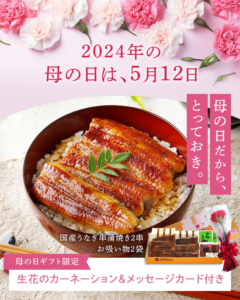 遅れてごめんね。母の日 プレゼント「うなぎ 専門店 浜名湖山吹」 国産ふっくら柔らか うなぎ(鰻) 串蒲焼き・お吸い物2人前セット（生花 カーネーション 付き）送料無料！ 2