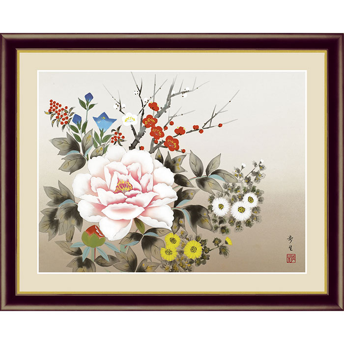 額 四季花 北山歩生 サイズ 42×34cm 木製フレーム アクリルカバー F4 新絹本 楽天 インテリア