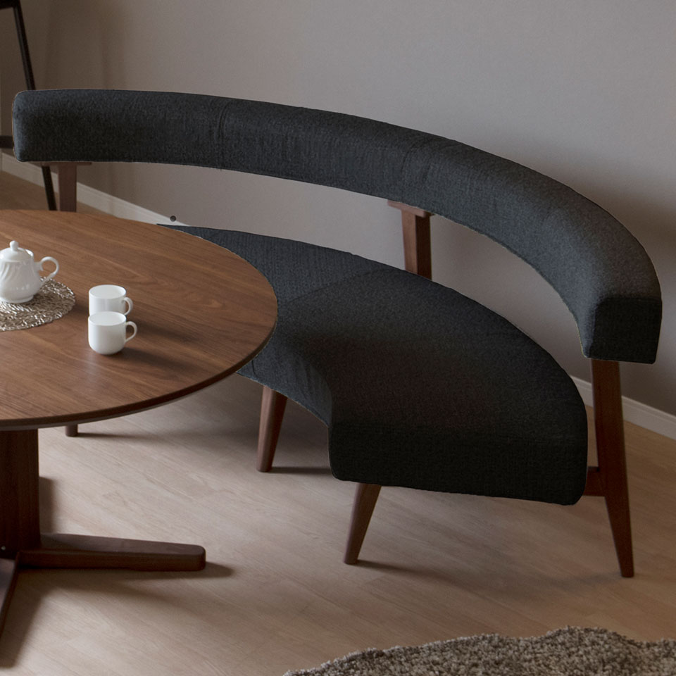 ラウンドチェア 単品 幅203cm ダイニングベンチ 半円 ラウンド型 円形 背もたれ ドライクリーニング可 カバーリング仕様 ナチュラル ブラウン ラバーウッド 無垢材 天然木 ダイニング ソファ 2人～4人掛け ダイニングチェア 大川家具 [2]