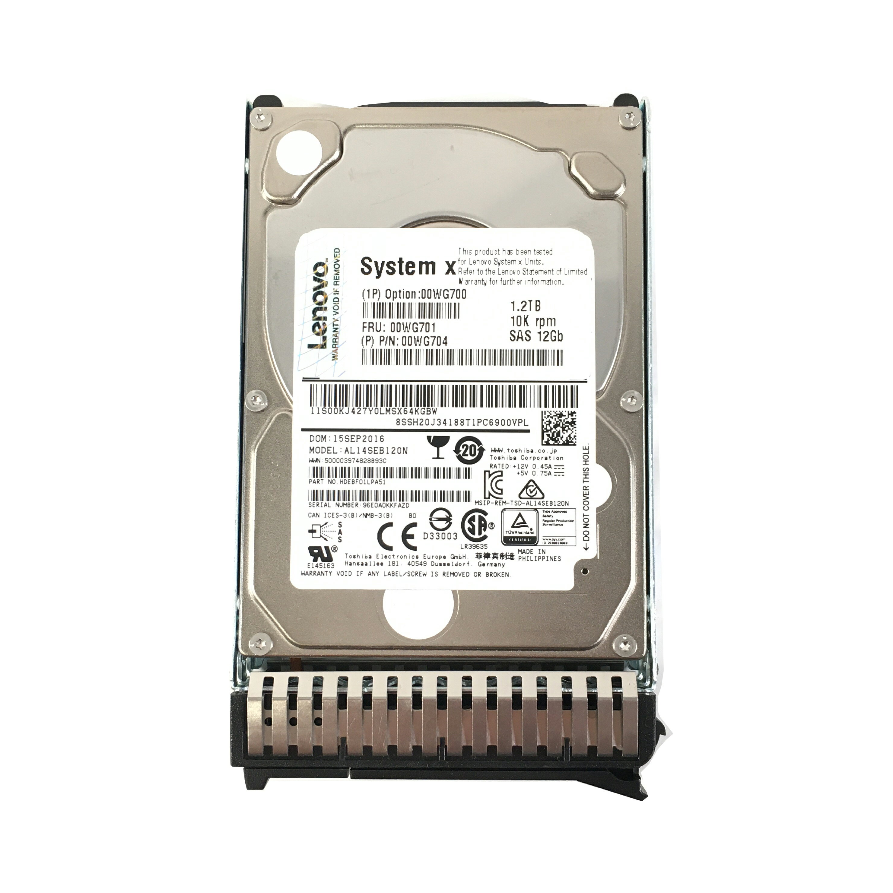 Lenovo 1.2TB 2.5インチ 12Gb SAS HDD 1点 10K rpm サーバー用HDD 増設HDD 型番 IBM FRU:00WG701 型番：AL14SEB120N 【中古動作品】