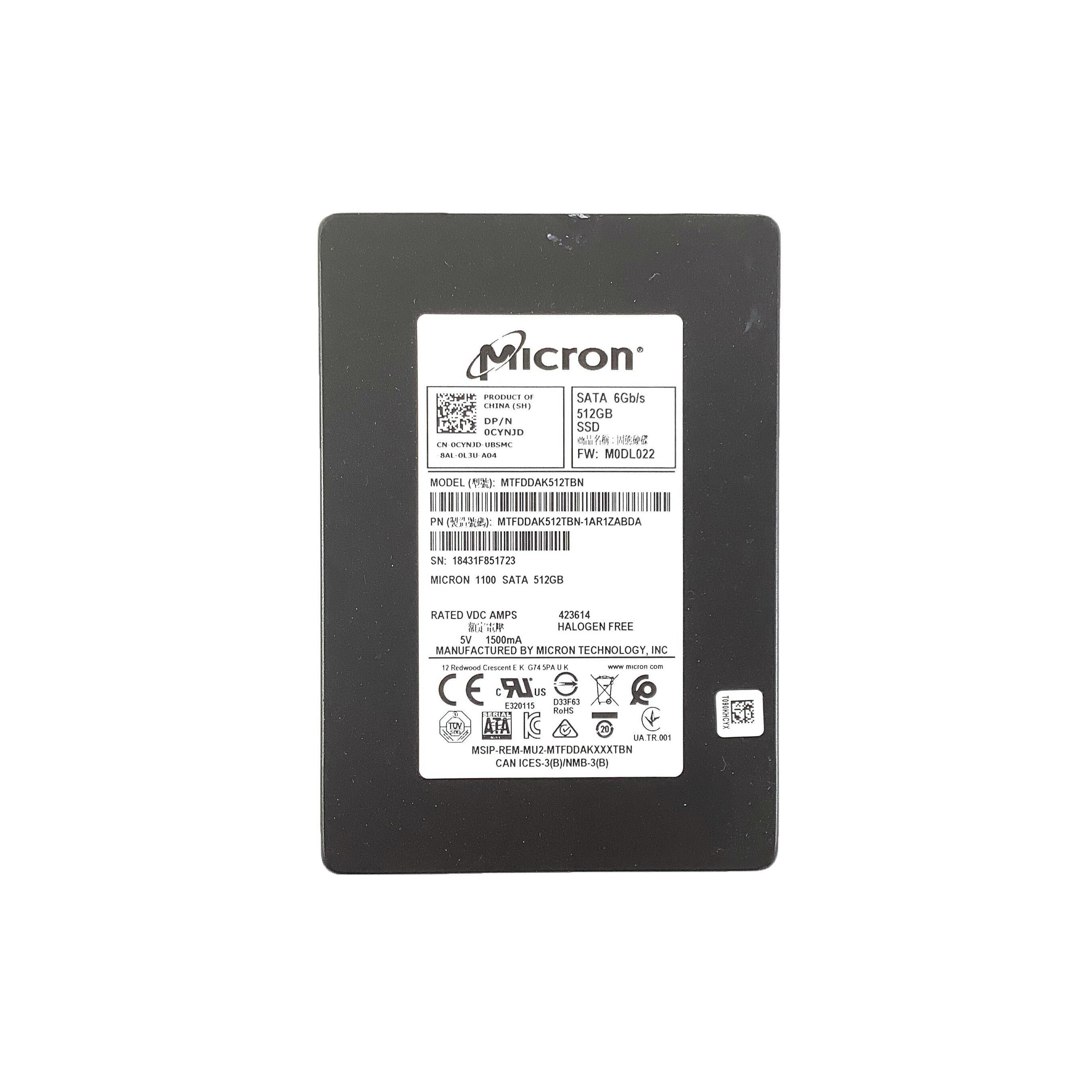 Micron 1100 2.5インチ 512GB SATA SSD 1点 型番:MTFDDAK512TBN 増設SSD FW:M0DL022 5V 1500mA 6Gb/s DP/N:0CYNJD