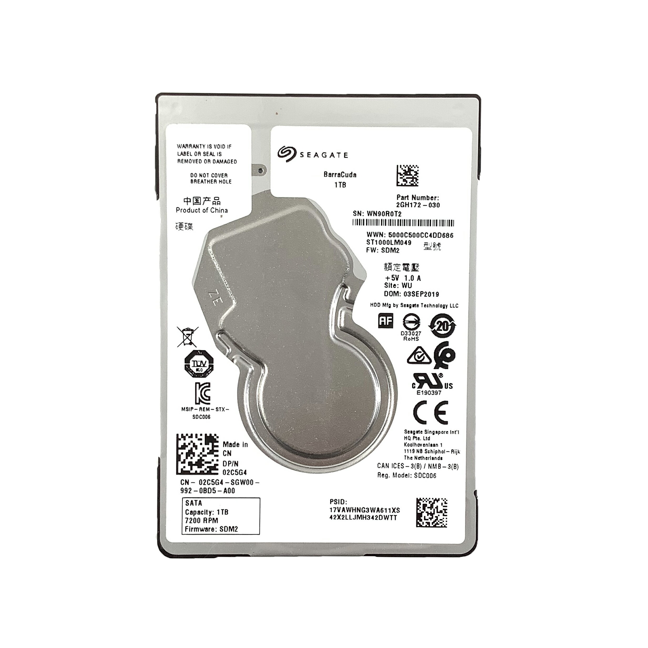 SEAGATE BarraCuda 2.5インチ 1TB SATA HDD 1点 シーゲイト 1TB 厚み6.8mm 7200RPM 5V 1.0A 型番:ST1000LM049 ノートパソコン/デスクトップPC用HDD 2019年製【中古動作品】