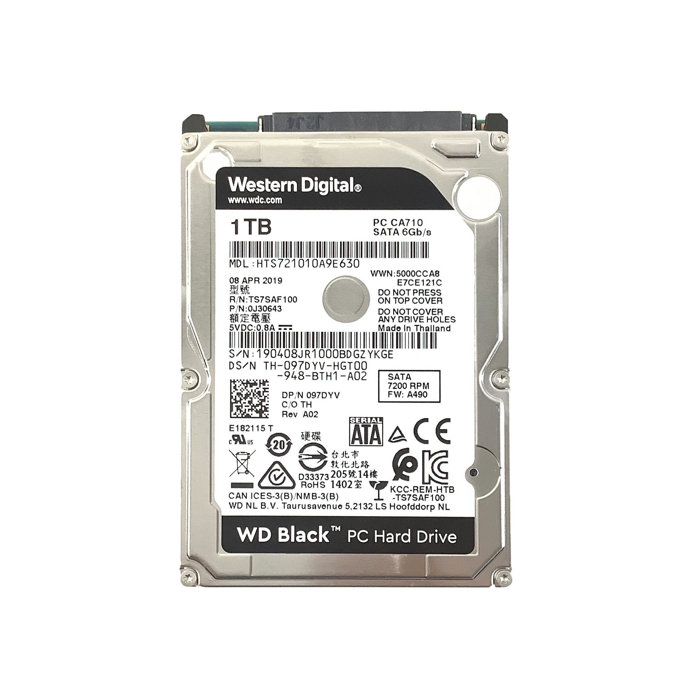 WD Black 2.5インチ 1TB SATA HDD 1点 1 TB 厚み9mm 6Gb/s 7200RPM 5V 0.8A 型番：HTS721010A9E630 ノートパソコン用HDD【中古動作品】