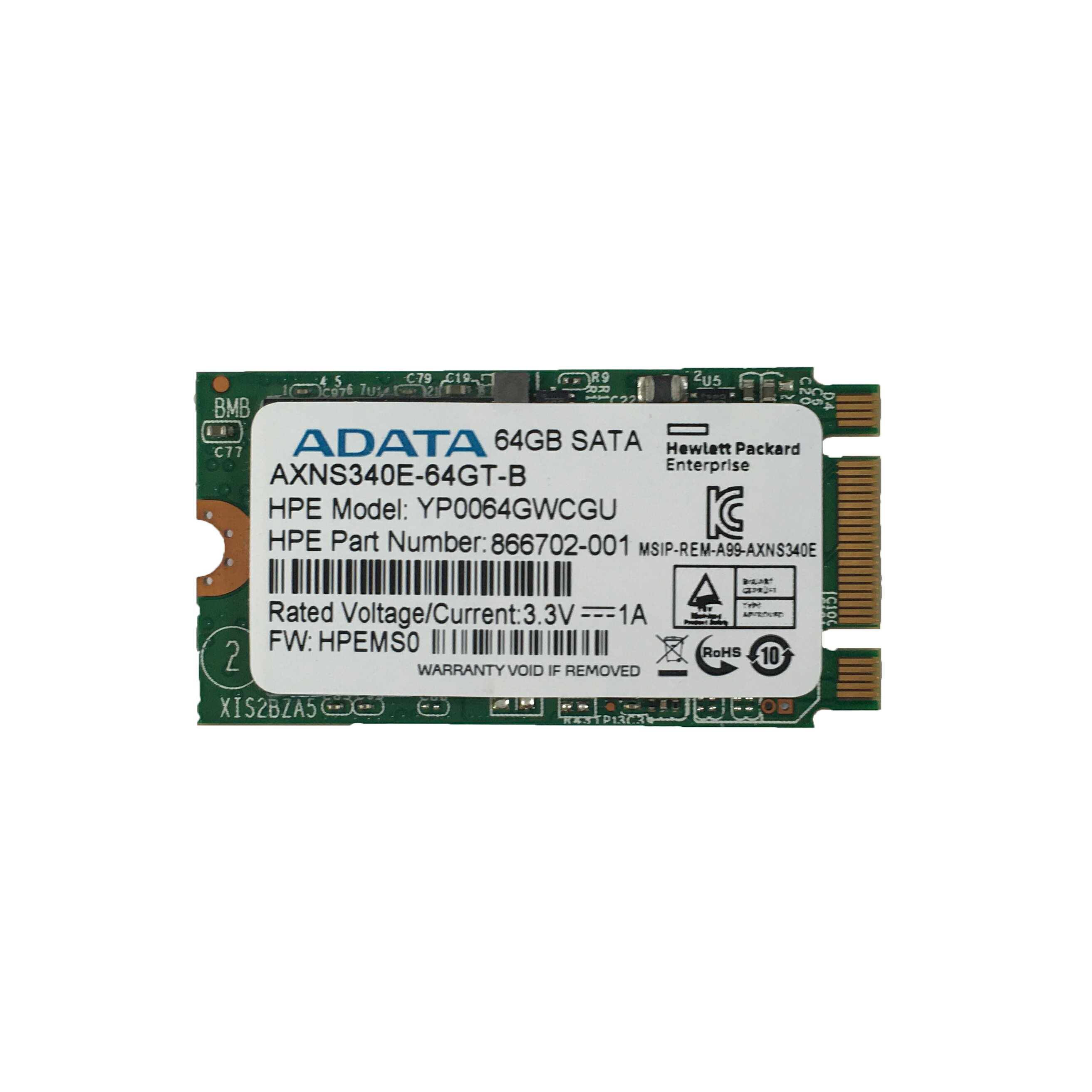 楽天エーワンケント楽天市場店ADATA 64GB NGFF（M.2 SATA） SSD 1点 型番:AXNS340E-64GT-B 増設SSD 【中古動作品】