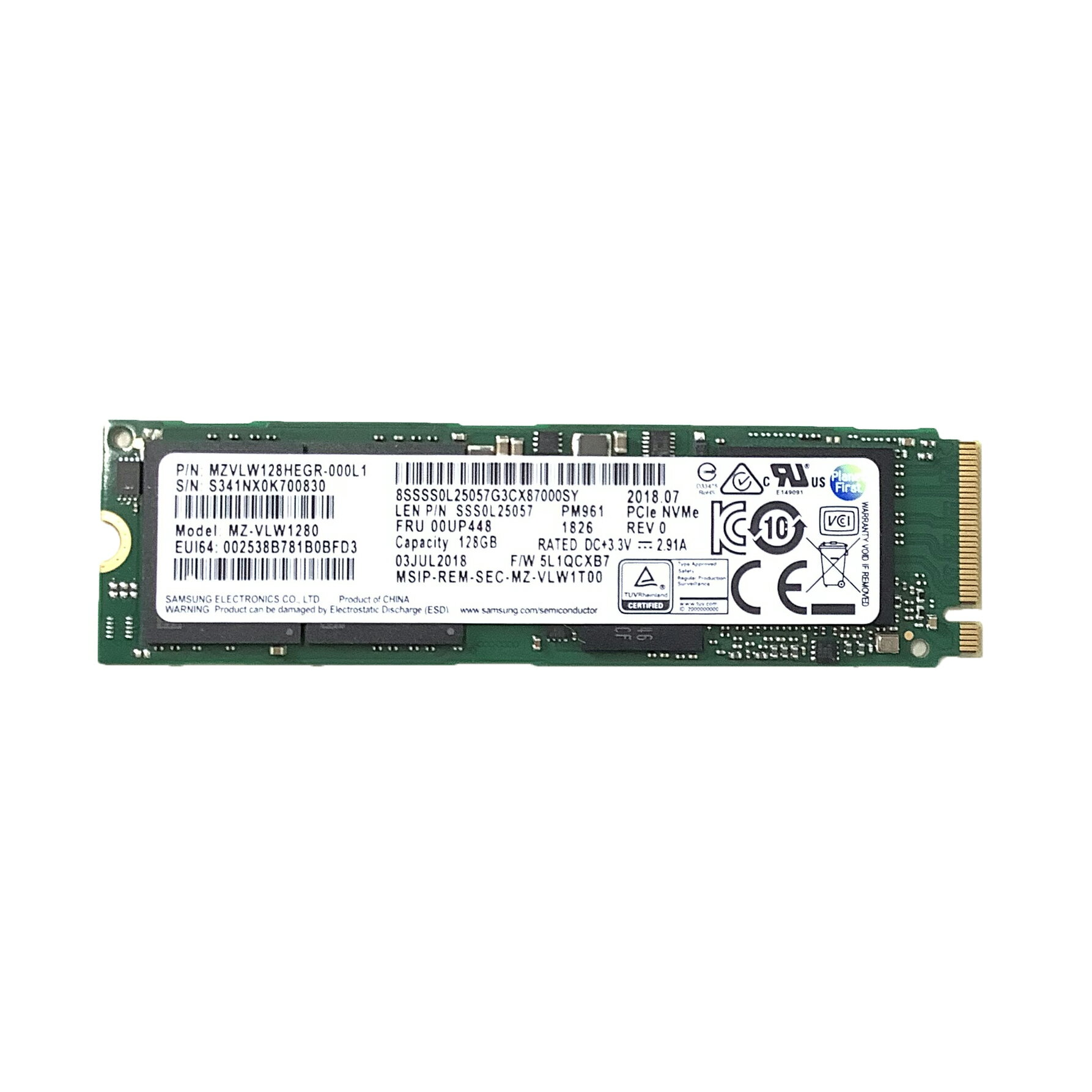 R087-PCIe 128GB M.2 NVMe SSD 1点 SAMSUNG/Big Innovation 3.3V 2.91A/2A/1.7A/1.8A 型番：MZ-VLW1280/MZ-NLN128C/MZ-NLN1280/B128GSBP11-21C1 増設SSD ノートパソコン用SSD 【中古動作品】