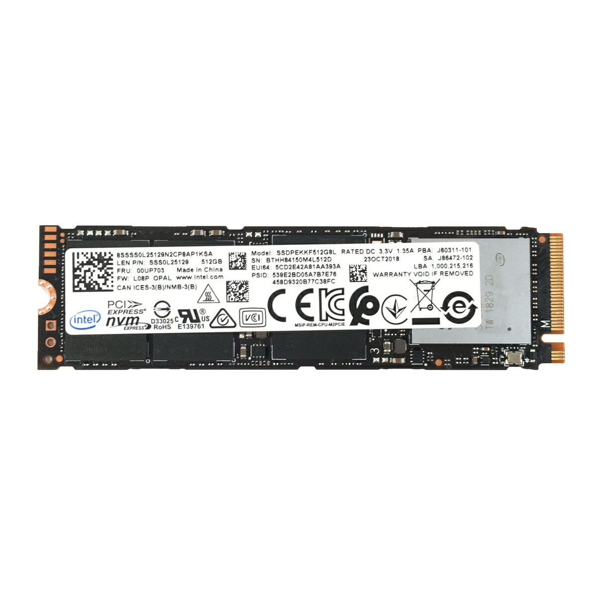 R179-intel NVMe 512GB SSD 1点 PCI-e NVMe 3.3V 1.35A 増設SSD ノートパソコン用SSD デスクトップPC用SSD 型番：SSDPEMKF512GB★送料無料★【中古動作品】