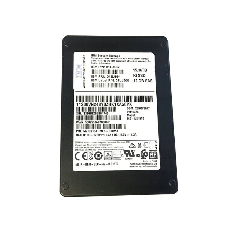 R318-IBM(SAMSUNG) 2.5インチ 15.36TB SAS SSD 1点 厚み14mm RI SSD DC+12V 1.7A/DC+5V 1.3A サーバー用SSD 増設SSD IBM FRU: 01EJ994 SAMSUNG型番: MZ-ILS15T0 2017年製 送料無料【中古美品】