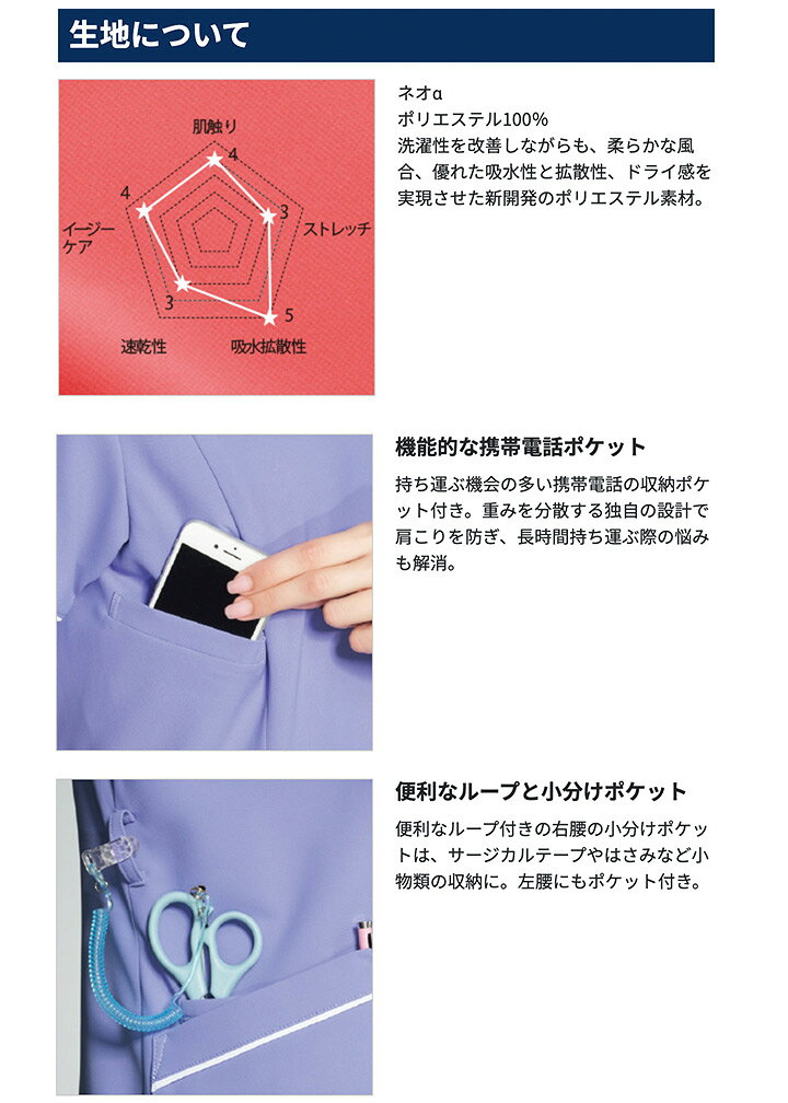 レディースジップスクラブ 前開き 白衣 ワコール 名入れ HI706 女性用 吸汗 医療 ...