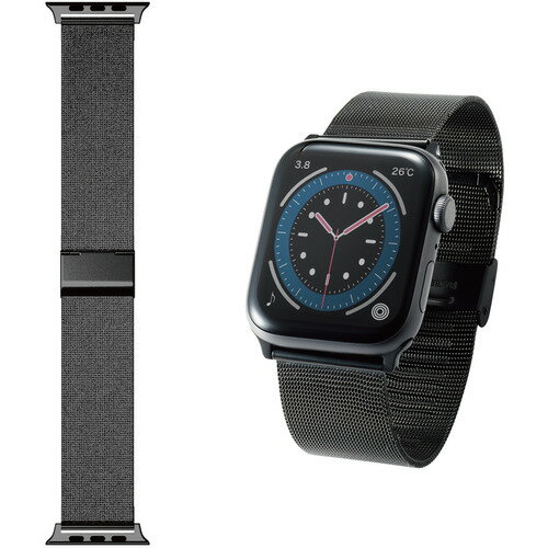 エレコム AW-44BDSSMBK アップルウォッチ バンド SE／Series 7／6／5／4／3／2／1 [ 45mm 44mm 42mm ] ステンレス ミラネーゼ Apple Watch モデル番号[ A2474 A2352 A2292 等] ブラック ●細かいサイズ調整ができ、編み込み構造により手首へのフィット感が高い、エレガントなデザインのApple Watch Series 7 [45mm]、Apple Watch SE、Series 6、5、4 [44mm]、Apple Watch Series 3、2、1 [42mm]用ステンレスバンドです。●細かいサイズ調整ができ、編み込み構造により手首へのフィット感が高い、エレガントなデザインのApple Watch Series 7 [45mm]、Apple Watch SE、Series 6、5、4 [44mm]、Apple Watch Series 3、2、1 [42mm]用ステンレスバンドです。●ステンレス素材のスポーティ感と編み目構造のエレガントさで使いやすくファッション性の高いバンドです。●ステンレスバンドは水や汗に強く長い年月で使用することができます。●細長いステンレスを編み込んだ構造で、通気性がよく耐久性があり、細かな編み目がエレガントなデザインのバンドです。●Apple Watch本体カラーとマッチする、ブラックです。●Apple Watchとバンドを接続するラグ部分は外側からネジが見えず外れにくいオリジナル形状です。●留め具は、手首にフィットした細かな調整ができるスライド式バックルです。※1※2●バンドをApple Watchに装着したままで液晶画面の確認、本体の操作、各種ボタン操作、純正の磁気充電ケーブルへの設置が可能です。●バンドの長さを調整するための調整工具付きです。&nbsp;【仕様】対応機種(モデル番号)：Apple Watch Series 7 (A2474/A2477/A2478) [45mm]、Apple Watch SE (A2352/A2354/A2356)、Series 6 (A2292/A2294/A2376)、Series 5 (A2093/A2095/A2157)、Series 4 (A1976/A1978/A2008) [44mm]、Apple Watch Series 3 (A1859/A1861/A1891/A1892)、Series 2 (A1758/A1817)、Series 1 (A1803) [42mm]セット内容：バンド×1、調整工具×1材質：バンド本体 ステンレススチールカラー：ブラックバンドサイズ：125〜205mm ※装着可能な手首のサイズ