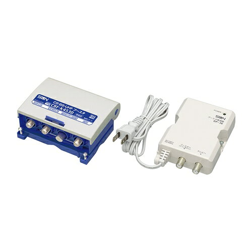サン電子 CBF-K453D-P CS・BS・UHFブースタ 発売日：2021年8月1日●これ1台で強電界から弱電界までカバーUHF帯域は3段階、CS・BS帯域は2段階の入力利得切替を実現●新4K8K衛星放送対応CS・BS・UHFブースタはBS・110度CS衛星放送の右左旋円偏波に対応する「〜3224MHz」を増幅します。●業界トップクラスの定格出力CS・BS帯域は96/104dBμを実現 ※2020年5月現在 ホーム用ブースタにおいて（当社調べ）●業界トップクラスの低消費電力CS・BS・UHFブースタで3.2Wを実現。※2020年5月現在 ホーム用ブースタにおいて（当社調べ）●高いシールド性携帯電話やWi-Fiなどの、他のサービスへの影響を軽減する高シールド設計のため、安心してご利用いただけます。●省施工タイプの防水キャップ防水キャップは加工せずにケーブルを通すことができる新構造（4C、5C)●SHマーク取得品（SHマーク）スーパーハイビジョンマークは、BS・110度CS右左旋放送受信帯域に対応した機器のうち、一般社団法人電子情報技術産業協会で審査・登録され、一定以上の性能を有するスーパーハイビジョン衛星放送受信に適した衛星アンテナ、受信システム機器に付与されるシンボルマークです。【仕様】周波数帯域（MHz）：UHF(470〜710)ch13〜ch52、CS・BS-IF(1032〜3224）標準利得（dB）：45、35、25（入力レベル調整、切換式）（470〜710MHz）、17/25、27/35（1032/3224MHz）（入力レベル調整、切換式）適正入力レベル（dBμ）：【UHF帯域】40〜80（90）※（）内は利得調整（-10dB）を併用時の値、【CS・BS-IF帯域】45〜79（89）※（）内は利得調整（-10dB）を併用時の値 定格出力レベル(dBμ)：【UHF帯域】105（9波）、【CS・BS-IF帯域】96/104（50波）利得調整範囲（dB）：【UHF帯域】0〜-10以上【CS・BS-IF帯域】0〜-10以上利得切換（入力ATT）(dB)：【UHF帯域】45（0）、35（-10）、25（-20）、、【CS・BS-IF帯域】27/35（0）、17/25（-10）雑音指数（dB）：【UHF帯域】1.5（1.8以下）※()内は670MHz〜710MHzの値、【CS・BS-IF帯域】7.0以下 運用消費電力：本体3.2W（DC15V 150mA）、プリアンプ0.05A送電時4.2W（DC15V 200mA）、CS・BSコンバータ4W送電時8.8W(DC15V 420mA)、UHFプリアンプ・CS・BSコンバータ送電併用時10.0W(DC15V、470mA)VSWR（以下）：【UHF帯域】3.0 、【CS・BS-IF帯域】2.5入出力インピーダンス(Ω)：75（F形）寸法(mm)H×W×D：本体92×117×52 電源部101×77×32 本体質量（g）：300、電源部210付属品：75（F形）備考：出力モニタ端子付、UHFプリアンプ用電源SW付、電源部：DP-36
