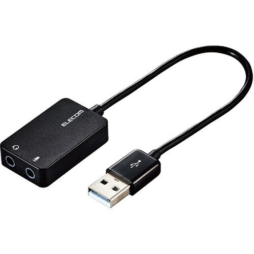 エレコム USB-AADC02BK USBオーディオ変換アダプタ 0.15m ブラック ●ステレオミニプラグのヘッドセットをUSB端子に接続できる変換アダプタです。 パソコン用のヘッドセットとスマホ用のマイク付イヤホンの両方に対応しています。 隣のポートに干渉しないケーブルタイプです。●オーディオ出力用φ3.5mmステレオミニジャック(3極、4極 両対応)とマイク入力用3極φ3.5mmミニジャックの2つの端子を搭載しています。●ヘッドホン端子とマイク端子が分離した従来のパソコン用ヘッドセットに加え、スマホ用4極φ3.5mmミニプラグ(CTIA規格)のマイク付きイヤホンにも対応しています。●マイク端子がないパソコンでも、パソコン用のヘッドセットおよびスマホ用のマイク付イヤホンを使用できます。●ノートパソコン、デスクトップパソコンおよび音声出力対応USB端子を搭載したゲーム機に接続することでヘッドホン、ヘッドセット、スピーカー、マイクなどが使えます。【仕様】対応機種：USB2.0-A端子搭載のWindowsパソコン、Mac、ゲーム機(PS5、PS4、PS3)コネクタ形状：Type-Cオス- φ3.5mmステレオミニジャック×1(音声出力)+φ3.5mmミニジャック×1(マイク入力)音声出力：φ3.5mmステレオミニジャック(3極、4極 両対応)マイク入力：φ3.5mmミニジャック(3極)外径寸法(幅×高さ×厚み)：本体ケース部分 約25mm×約40mm×約10mmサンプリング周波数：44.1kHz/48kHz再生帯域：20Hz〜20kHzケーブル長：約15cmケーブル外径：約3.0mmカラー：ブラックパッケージ形態：ブリスター+紙台紙