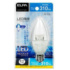 ELPA LDC4CD-E17-G350 LED電球 シャンデリア形 E17 昼光色●長寿命のLED電球光源にLED素子を使用しているので長寿命です。●取り替えにくいシャンデリア球をLEDに長寿命なので、取替えにくい場所にありがちなシャンデリアの電球をLEDに交換すれば交換の手間が省けます。●電気代の節約に消費電力は白熱電球に比べて「省エネ」設計なので、電気代が節約できます。●キラキラ明るい クリア電球タイプクリア電球タイプです。立ち上がりがはやく、点灯してすぐ明るくなります。【仕様】交流電源：100V50/60Hz共用口金：E17サイズ：全長98×外径35（mm）質量：31g定格消費電力：3.3W定格入力電流：60mA設計寿命：40000h全光束：310lm光色：昼光色相当