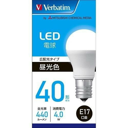 バーベイタム(Verbatim) LDA4DE17GLV4 昼光色 LED電球 E17口金 40形 440lm●2017年省エネ基準達成。●40000時間の長寿命。●密閉型器具対応。【仕様】W数：4W全光束：440lm定格寿命：40000時間定格入力電圧：100V定格入力電流：0.07A口金：E17光色：昼光色色温度：6500K発光効率：110lm/W密閉型機器対応：○調光器対応：-断熱材施工器具対応：○屋外器具対応：-白熱電球W相当数：400配光角：180度