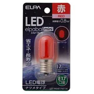 ELPA LED電球 「ナツメ形」（赤色・口金E17）　LDT1R-G-E17-G114■交流電源：100V 50/60Hz共用■口金：E17■サイズ：全長48X外径20(mm)■質量：10g■定格入力電流：0.01A■定格消費電力：0.8W■設計寿命：30、000時間■光色：赤色■屋内用