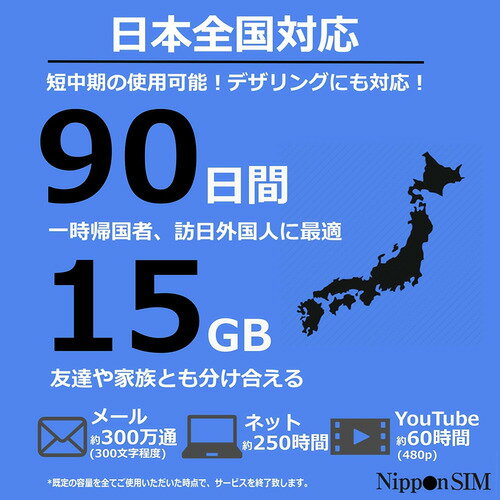 Nippon SIM for Japan ɸ���� 90��15GB ���ܹ����� �ɥ������ �ץ�ڥ��ɥǡ���SIM������