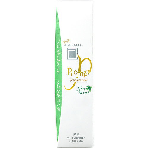 ※画像はイメージです。パッケージデザイン等は予告なしに変更されることがあります。※メーカーの欠品や製造中止により納期遅延、またはお届けできない場合がございます。サンギ アパガードプレミオエクストラミント 105g 発売日：2023年3月16日●容量アップ！プレミアムケアですっきり白い歯サンギ独自の薬用成分ナノ粒子「薬用ハイドロキシアパタイト」を高配合したプレミアムタイプ。強めミントのエクストラミントフレーバー。●サンギ独自薬用成分ナノ粒子『薬用ハイドロキシアパタイト』配合(1)歯垢の吸着除去(2)歯のエナメル質の目に見えない傷の充填(3)ミネラル欠損部（初期むし歯）を再石灰化。3つの働きでむし歯を予防します。&nbsp;【仕様】容量：105gフレーバー：エクストラミントジャンル：美白ハミガキ