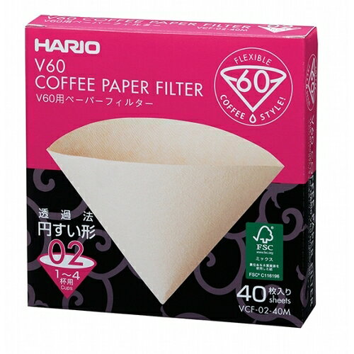 HARIO VCF-02-40M ペーパーフィルター02M40枚入り ●02タイプ（1?4杯用）のペーパーフィルターです。材質はパルプ100％のみさらし仕様です。【仕様】サイズ：幅130×奥行30×高さ135mm材質：天然パルプ原産国：日本
