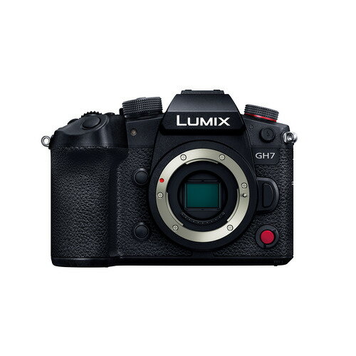 パナソニック DC-GH7 GH7 ミラーレス一眼カメラ LUMIX ブラック発売日：2024年7月26日●クリエイターの創造力に応え、表現の幅が広がる革新のプロフェッショナル動画性能を搭載。次世代マイクロフォーサーズ一眼 GH7登場。●新たな映像表現を支える基本性能を一新、高い描写性能と優れた機動力を実現・高解像・高速レスポンス 新開発約25.2MP 裏面照射型CMOSイメージセンサーと高い階調性能13+ストップ ダイナミックレンジブースト（※動画撮影において、60fpsを超える設定、静止画撮影においてSH連写時、および1/15秒以上の低速のシャッタースピード時のISOとの組み合わせにより、ダイナミックレンジブーストは駆動しません。また、動画撮影において、60fpsを超える設定の場合、ラチチュードは12+ストップとなります。※）・像面位相差AFを採用し、高速で高精度なAF性能、飛行機認識、列車認識を追加したリアルタイム認識AF・動画周辺歪み補正や強モードを搭載した「動画アクティブ I.S.」など、進化した手ブレ補正技術（B.I.S. / Dual I.S. 2 / E.I.S.）●映像作品クオリティの向上と撮影現場からポストプロダクションまでワークフローを最適化・5.7K 30p Apple ProRes 422 HQやApple ProRes RAW HQの内部記録（※4K以上の設定ではCFexpressカードまたはUSB-SSDのみに記録可能です。FHD設定時は、SDカードでも記録可能です。※）を実現・世界初（※レンズ交換式デジタルカメラとして。別売XLRマイクロホンアダプターDMW-XLR2装着時。2024年7月26日発売予定。パナソニック調べ。※）撮影時の音声録音レベル調整が不要な32bitフロート録音に対応・ARRI社のシネマカメラとのカラーマッチングが可能なARRI LogC3（※別売アップグレードソフトウェアキー「DMW-SFU3A」をご購入いただき、アクティベーションすることが必要です。※）に対応・ワークフロー効率化を図るプロキシ記録とクラウド上で共有・共同作業できるFrame.io Camera to Cloudに対応●映像制作現場のユーザビリティを追究した信頼性・ファン搭載の放熱構造、効率的な放熱処理により、動画記録時間無制限を実現（※Cinema4K60p以下。Cinema4Kを超える解像度、 VFR/HFR、 ProRes時は温度制限あり。記録時間はバッテリーと記録メディアの容量に依存します。※）・周辺機材を用いたセットアップに便利なチルトフリーアングルモニター●充実の機能●13＋ストップ（※ダイナミックレンジブースト時。※） V-Log /V-Gamut●リアルタイムLUT●動画記録中の赤枠表示/セーフティーゾーンマーカー表示●フレーム表示/ゼブラパターン/スポット輝度メーター●WFM/シンクロスキャン/ベクトルスコープ表示/タイムコード●3連ボタン（WB・ISO・露出補正）、サブ動画記録ボタン、ジョイスティック●2基のタリーランプ/4chオーディオ記録●高解像約1億画素の手持ちハイレゾモード●約75コマ/秒SHプ連写（※連写撮影速度は、使用レンズ、絞り、シャッター速度などの諸条件によって、低下することがあります。※）(電子シャッターAFS/MF設定時）●ダブルスロット（CFexpressカード/SDカード）/USB -SSD記録●USB3.2 Type-C 給電・充電（USB Power Delivery対応）●防塵・防滴仕様（※当社製防塵・防滴対応レンズ装着時。防塵・防滴に配慮した構造になっていますが、ほこりや水滴の侵入を完全に防ぐものではありません。※）、マイナス10℃耐低温設計（※当社製のマイナス10℃耐低温設計のレンズ装着時。※）&nbsp;【仕様】本体寸法：幅：約138.4mm、 高さ：約100.3mm、奥行き：約99.6mm本体質量：約805g（本体、バッテリー、SDメモリーカード1枚含む）、約721g（本体のみ）型式：レンズ交換式デジタル一眼カメラ記録メディア ：CFexpress Type Bカード / SDメモリーカード / SDHCメモリーカード/ SDXCメモリーカード（ビデオスピードクラス90対応）レンズマウント：マイクロフォーサーズマウント撮像素子 ：4/3型 裏面照射型(BSI)CMOSイメージセンサー 総画素数 約2、650万画素、原色カラーフィルターカメラ有効画素数： 約2、520万画素防塵対応：センサーシフト方式、手動画像フォーマット： JPEG (DCF準拠、Exif2.31準拠)、RAW画質モード： FINE / STD. / RAW＋FINE / RAW＋STD. / RAW動画フォーマット：MP4：H.264/MPEG-4 AVC、H.265/HEVC MOV：H.264/MPEG-4 AVC、H.265/HEVC、Apple ProRes、Apple ProRes RAW手ブレ補正方式：撮像素子シフト方式、5軸補正、Dual I.S. 2対応シャッター：【形式】フォーカルプレーンシャッター 【シャッター速度】静止画：メカシャッター：B（バルブ）最大約30分、 60〜1/8、000秒、電子先幕：B（バルブ）最大約30分、60〜1/2、000秒、電子シャッター：B（バルブ）最大約60秒、60〜1/32、000秒 動画： 1/25*〜1/25、000秒 *：クリエイティブ動画モード 動画露出設定：M選択 かつ MF時は1/8秒まで設定可能 【セルフタイマー】2秒 / 10秒 / 10秒 3枚 / カスタム（2〜10秒、カウントダウン表示（ON /OFF)）モニター（形式/視野率）：アスペクト比3：2 / 3.0型 / 約184万ドットモニター / 静電容量方式タッチパネル / 約100%電源：バッテリーパック（付属、7.2V） 静止画撮影可能枚数：CIPA規格：DC-GH7L付属レンズH-ES12060使用時、付属バッテリーパック DMW-BLK22使用時 ［モニター時］約330枚（CFexpressカード使用時）、約360枚(SDXCメモリーカード使用時) ［LVF時］約330枚（CFexpressカード使用時）、約360枚(SDXCメモリーカード使用時)［省電力ファインダー撮影設定時］ 約750枚（省電力ファインダー撮影 1秒設定時、CIPA規格を基準にした当社測定条件による、CFexpressカード使用時）、約850枚（省電力ファインダー撮影 1秒設定時、CIPA規格を基準にした当社測定条件による、SDXCメモリーカード使用時）動作環境（使用可能温度 / 湿度）：【推奨使用温度】-10℃* 〜 40℃ *：-10 ℃〜0 ℃ (スキー場や標高の高いところなどの寒冷地)では、一時的にバッテリーの性能(撮影枚数/使用時間)が低下します -10〜40℃はボディ、レンズは−10℃耐低温設計の別売レンズをご使用ください 【許容相対湿度】 10％ RH 〜 80％ RH付属品名称：アイカップ、ホットシューカバー、シンクロターミナル端子カバー、バッテリーパック、バッテリーチャージャー（DC充電タイプ）、TC IN/OUT用BNC変換ケーブル、ショルダーストラップ、ボディキャップ