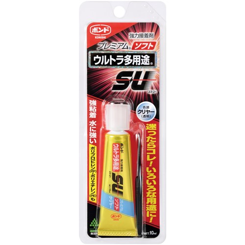 ※画像はイメージです。パッケージデザイン等は予告なしに変更されることがあります。※メーカーの欠品や製造中止により納期遅延、またはお届けできない場合がございます。コニシ #05139 ウルトラタヨウSUソフト 発売日：2015年6月1日●迷ったらコレ！ウルトラ多用途。ポリプロピレン（PP）・ポリエチレンPE）も接着可能。今までつきづらかったプラスチック素材の接着も可能！曲げ衝撃に強い！