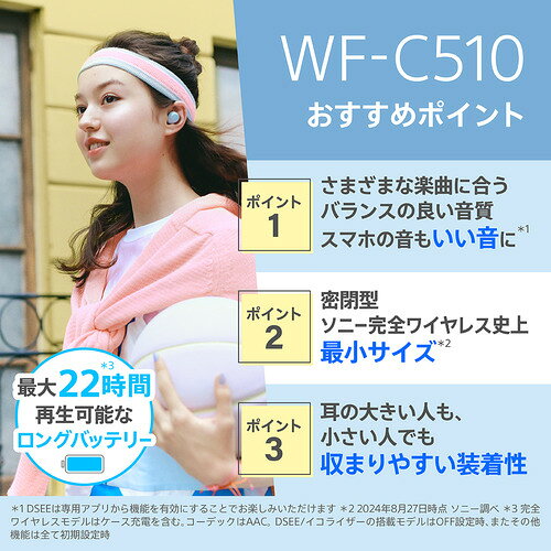 イーウェルネス楽天市場店のソニー ワイヤレス イヤホン 左右分離 IPX4 最大22時間 USB-C WF-C510 WFC510 LZ ブルー系｜アングル2